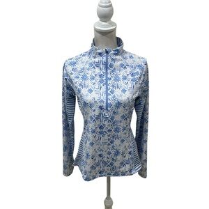 Vineyard Vines Blue Floral stripe 1/2 zip Long Sleeve performance wear Top small